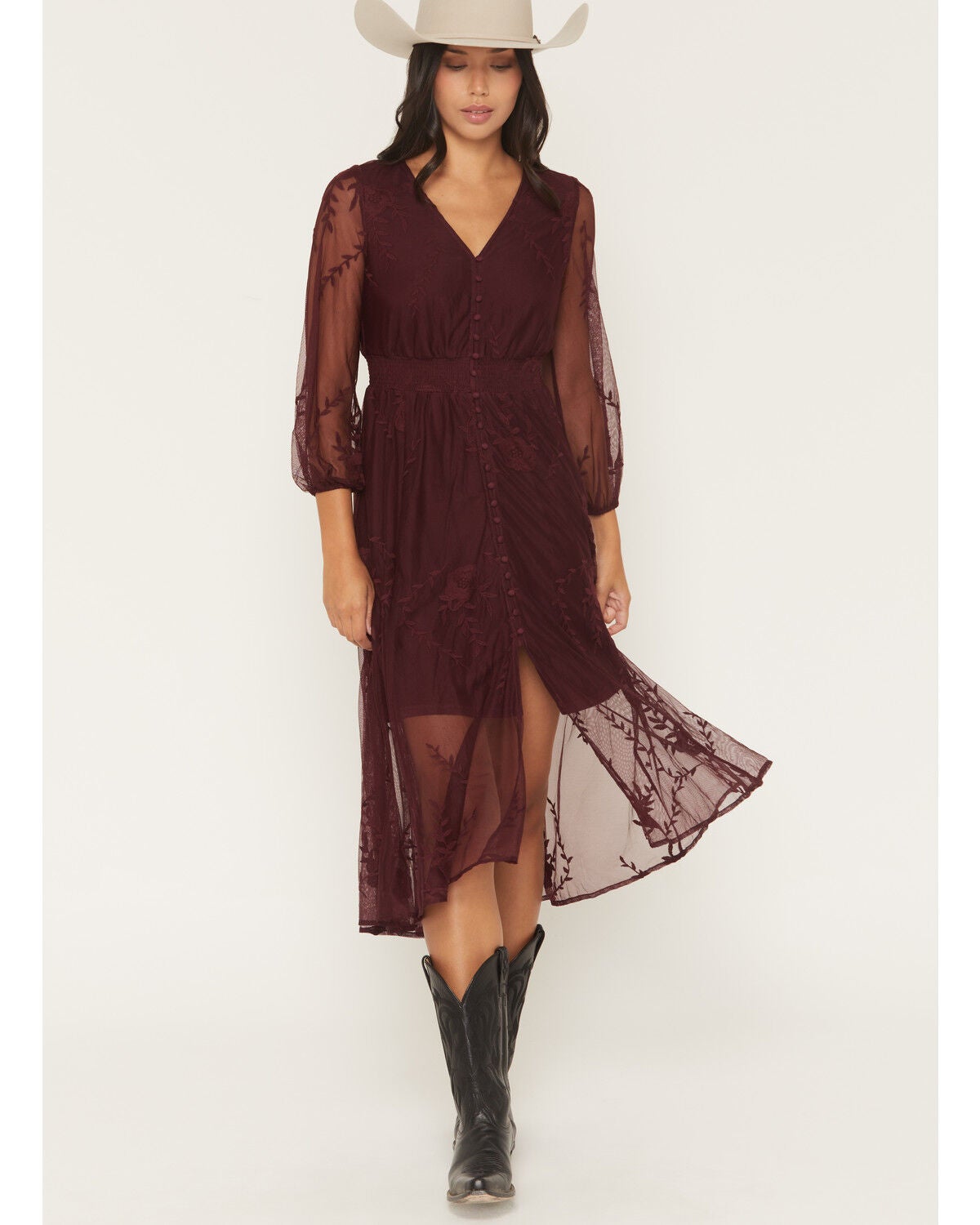 Image #1 - Shyanne Women's Hillside Floral Embroidered Long Sleeve Button-Down Mesh Midi Dress, Brick Red, hi-res