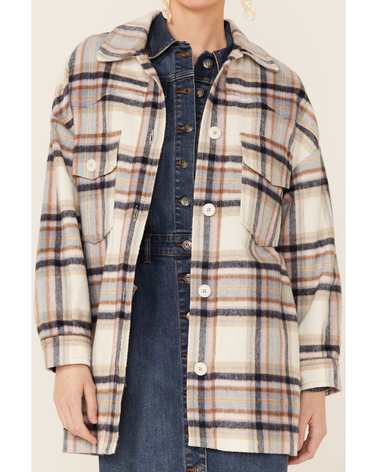 Cream \u0026 Mauve Large Plaid Shacket 