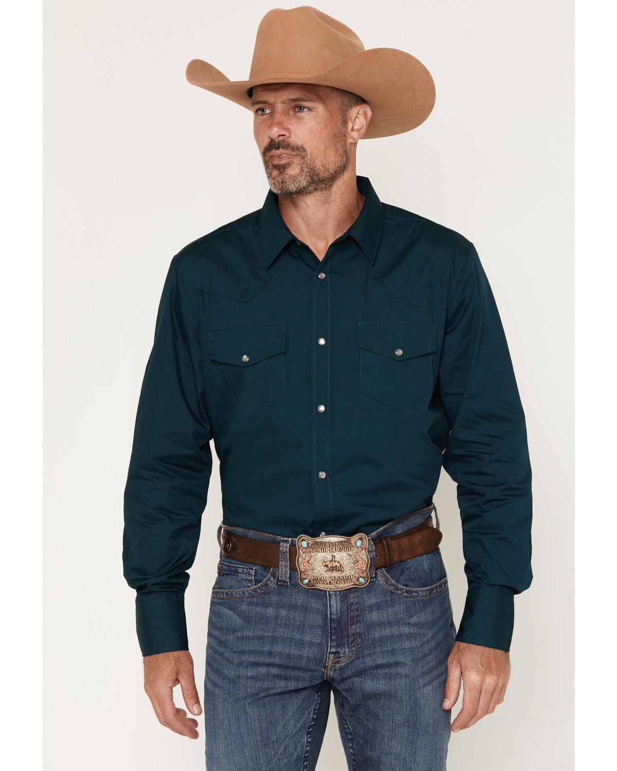 Image #1 - Gibson Trading Co Men's Basic Solid Long Sleeve Pearl Snap Western Shirt - Big, Dark Teal, hi-res