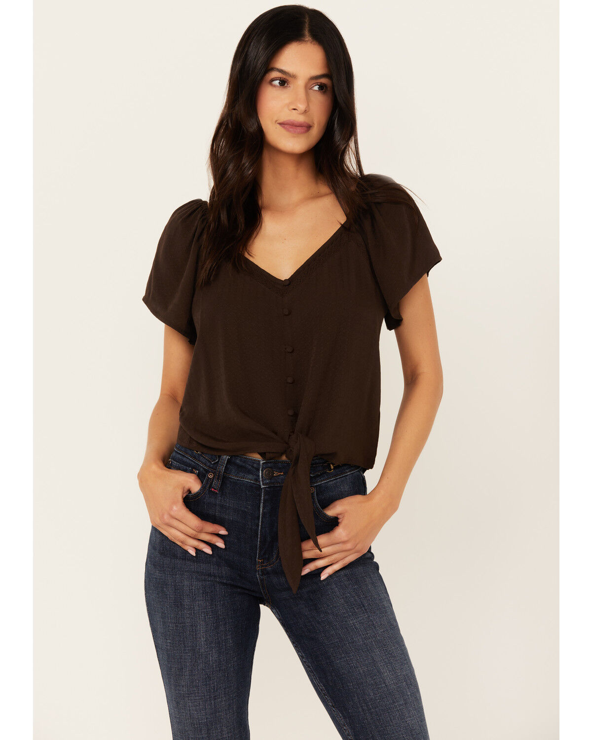 Image #1 - Idyllwind Women's Tern Flutter Sleeve Tie Front Top, Dark Brown, hi-res
