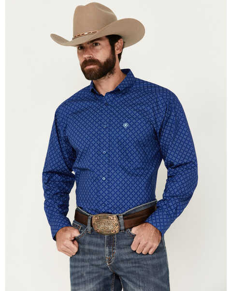 Ariat Men's Peterson Geo Print Long Sleeve Button-Down Western Shirt , Medium Blue, hi-res