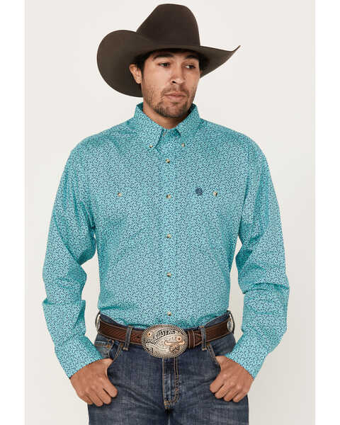George Strait by Wrangler Men's Floral Print Long Sleeve Button-Down Western Shirt, Teal, hi-res