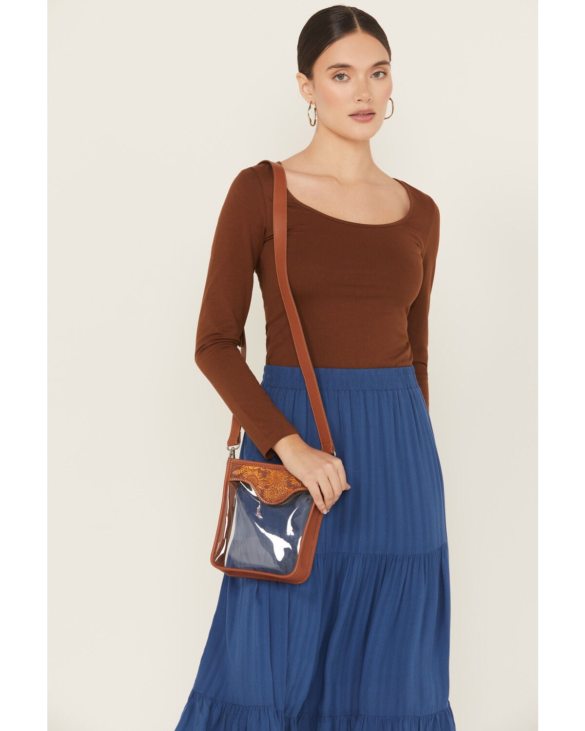 Shyanne Women's Zoie Sunflower Tooled Crossbody Stadium Bag, Brown, hi-res