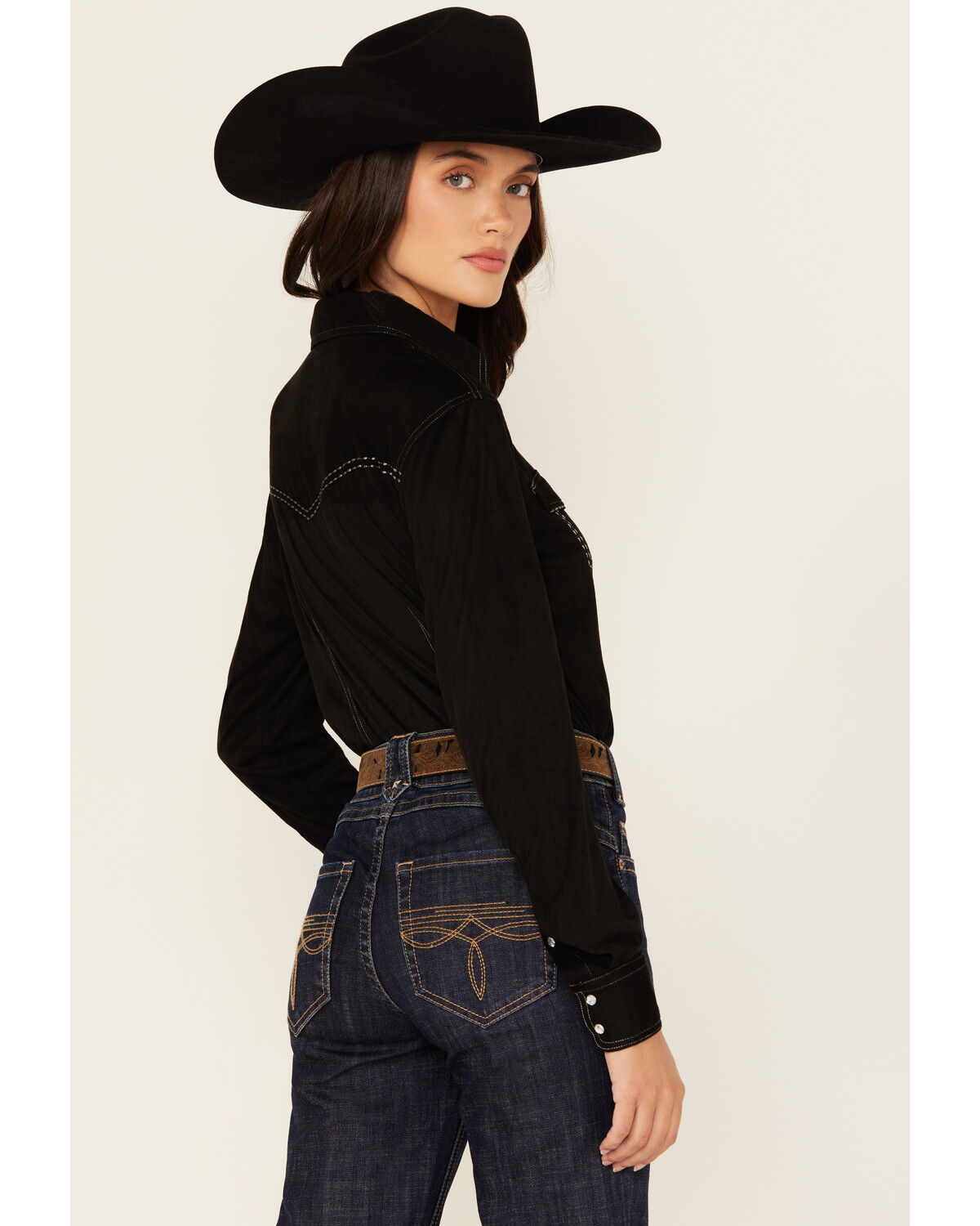 Image #4 - Cowgirl Hardware Women's Faux Suede Long Sleeve Snap Western Shirt, Black, hi-res