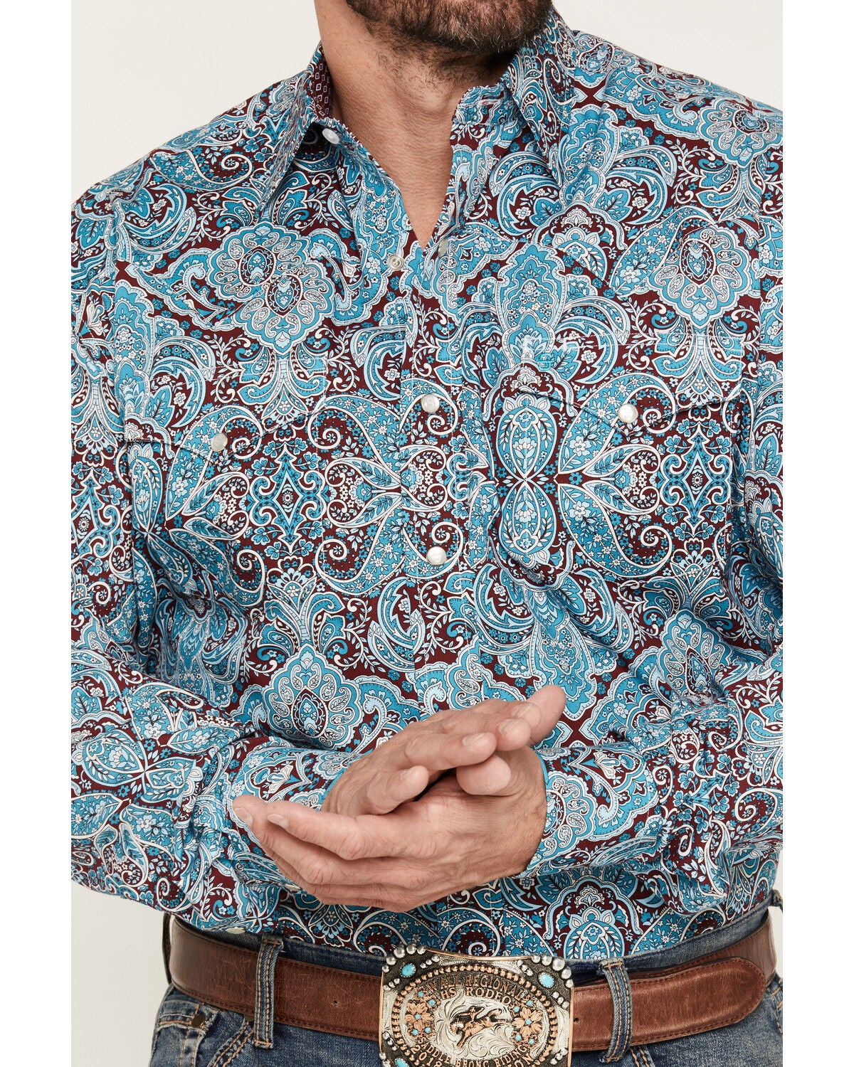 Image #3 - Stetson Men's Paisley Print Long Sleeve Snap Western Shirt, Blue, hi-res