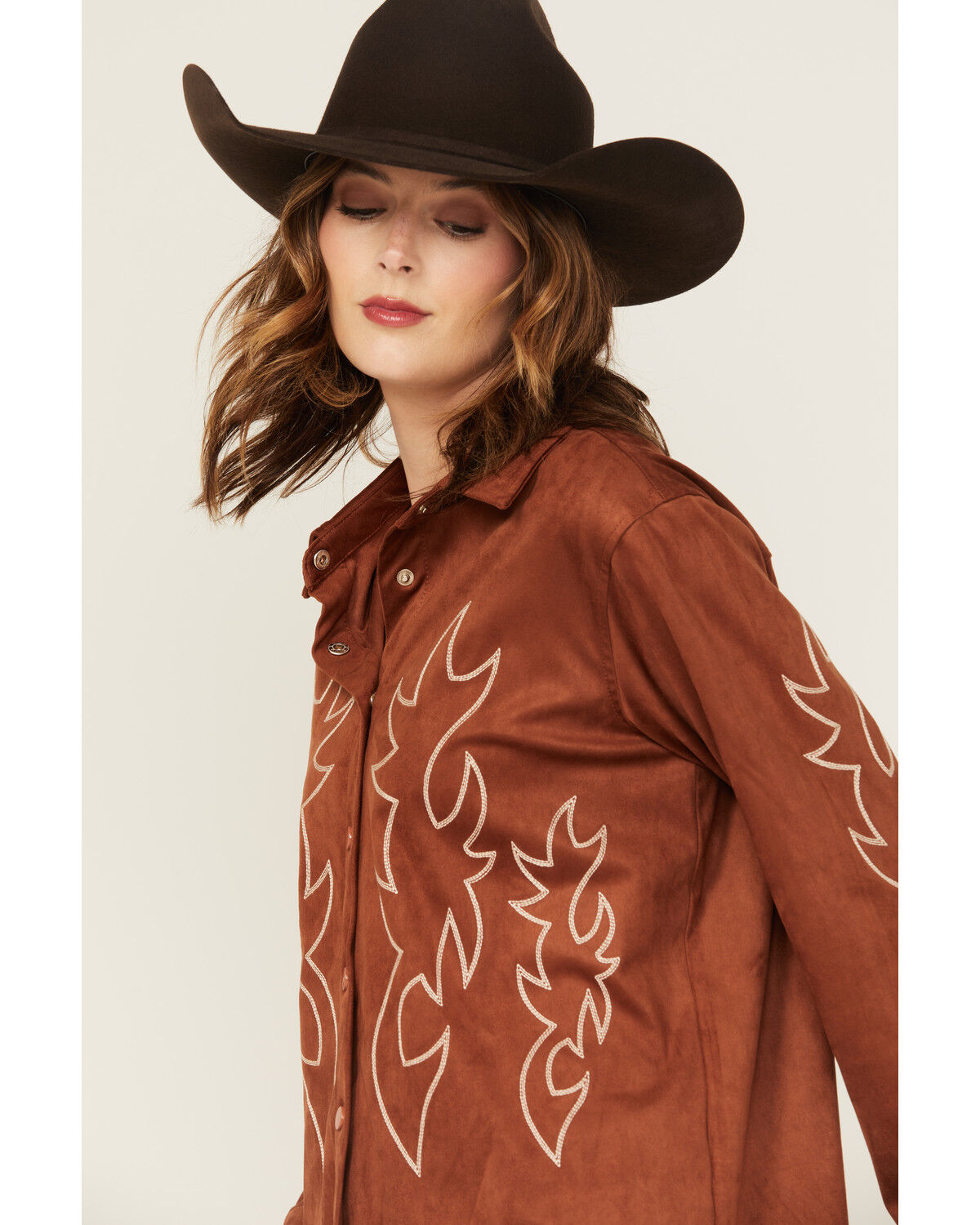 Image #2 - Blue B Women's Western Embroidered Faux Suede Long Sleeve Snap Shirt, Rust Copper, hi-res