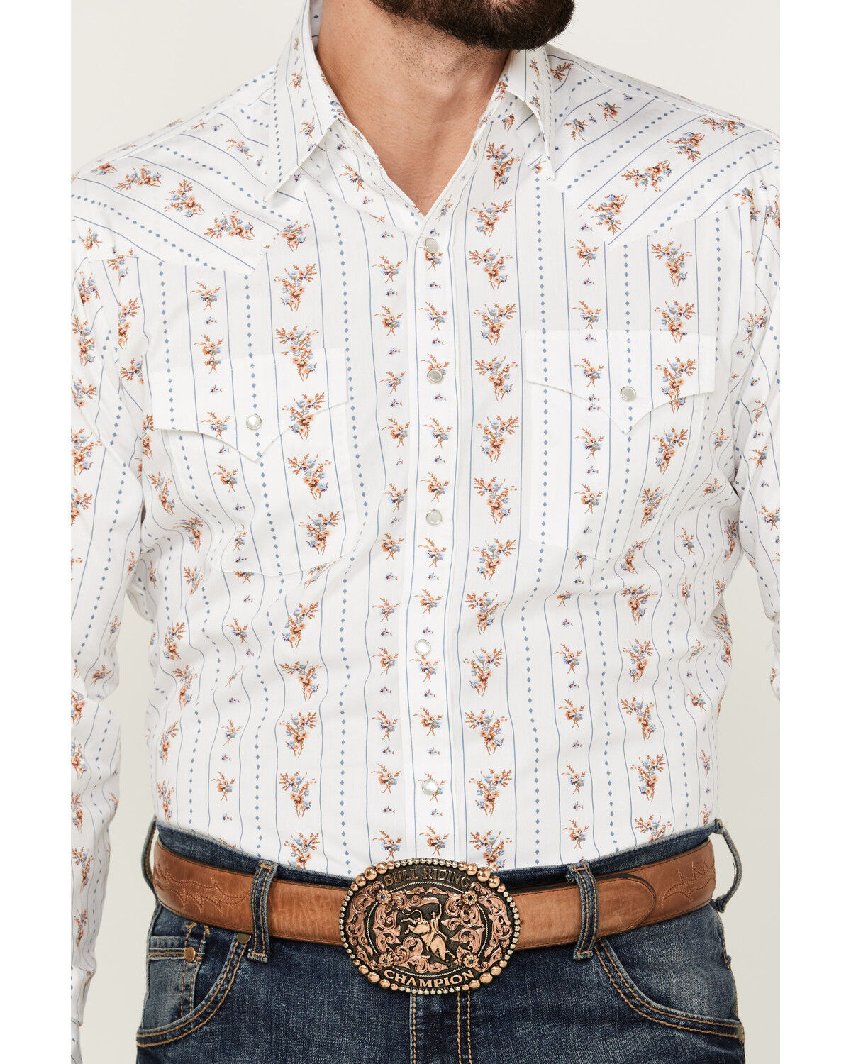 Image #3 - Ely Walker Men's Floral Striped Long Sleeve Pearl Snap Western Shirt, White, hi-res