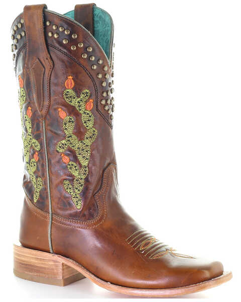Image #1 - Corral Women's Brown Embroidery & Studs Western Boots - Square Toe, Brown, hi-res