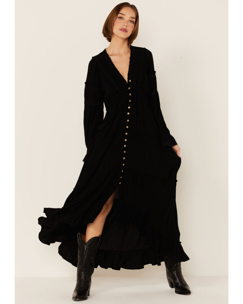 Miss Me Women's Black Maxi Ruffle Button Down Dress , Black, hi-res