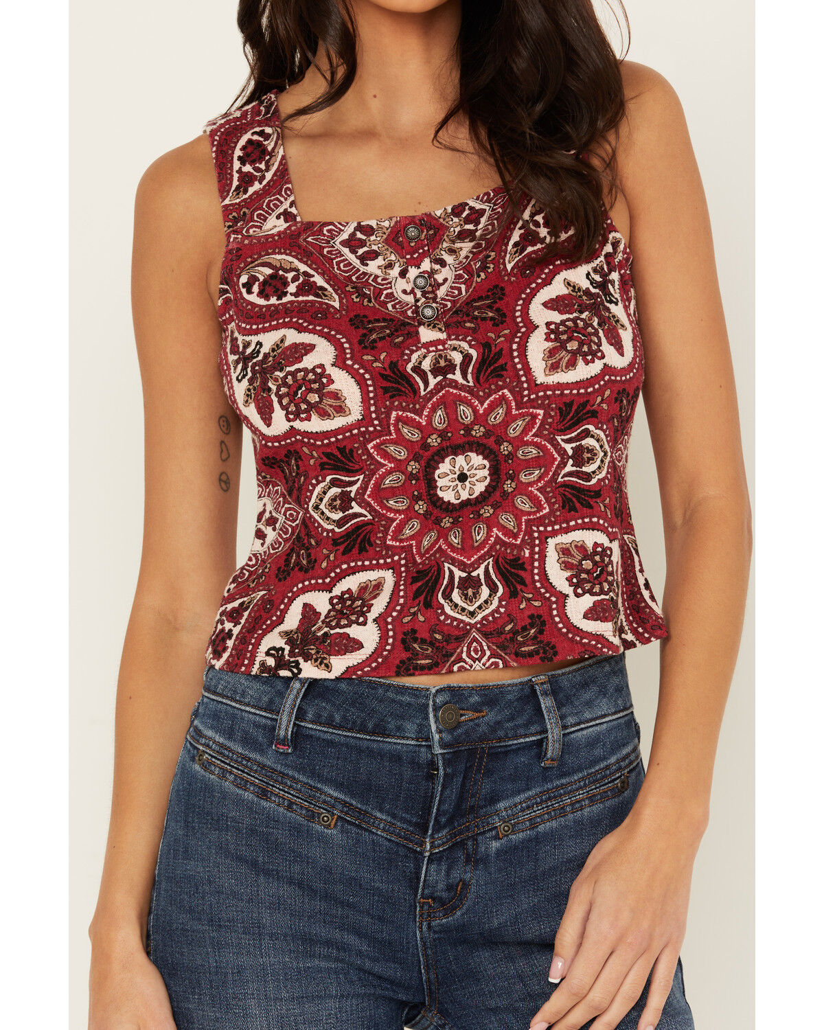 Image #3 - Idyllwind Women's Linmar Printed Button-Down Tank, Dark Red, hi-res