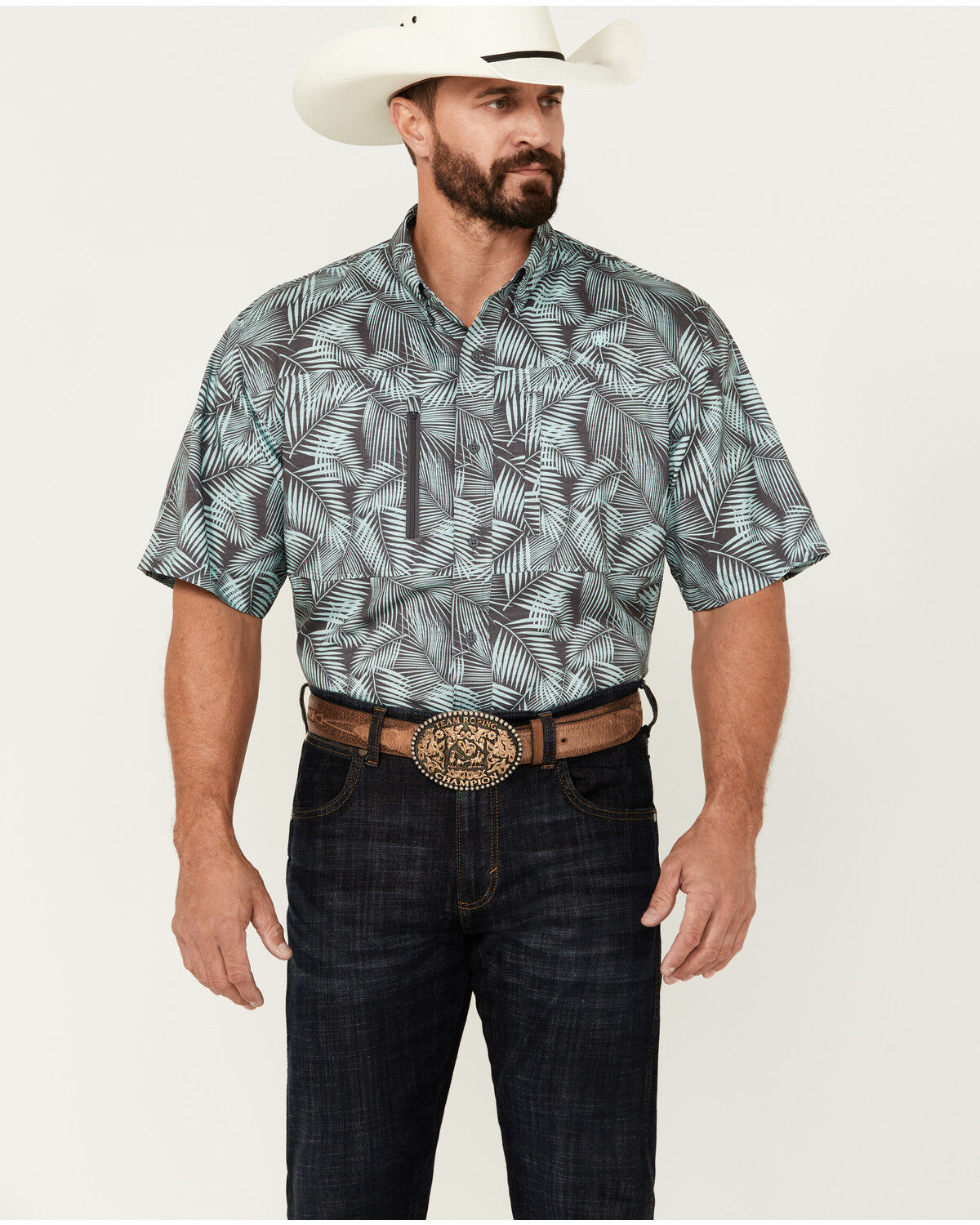 Image #1 - Ariat Men's VentTEK Classic Fit Palm Leaf Short Sleeve Performance Shirt, Mint, hi-res