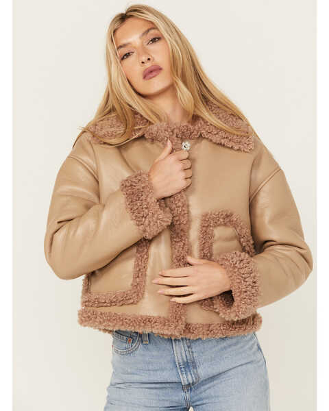 Cleo + Wolf Women's Reversible Sherpa Trimmed Moto Jacket , Taupe, hi-res