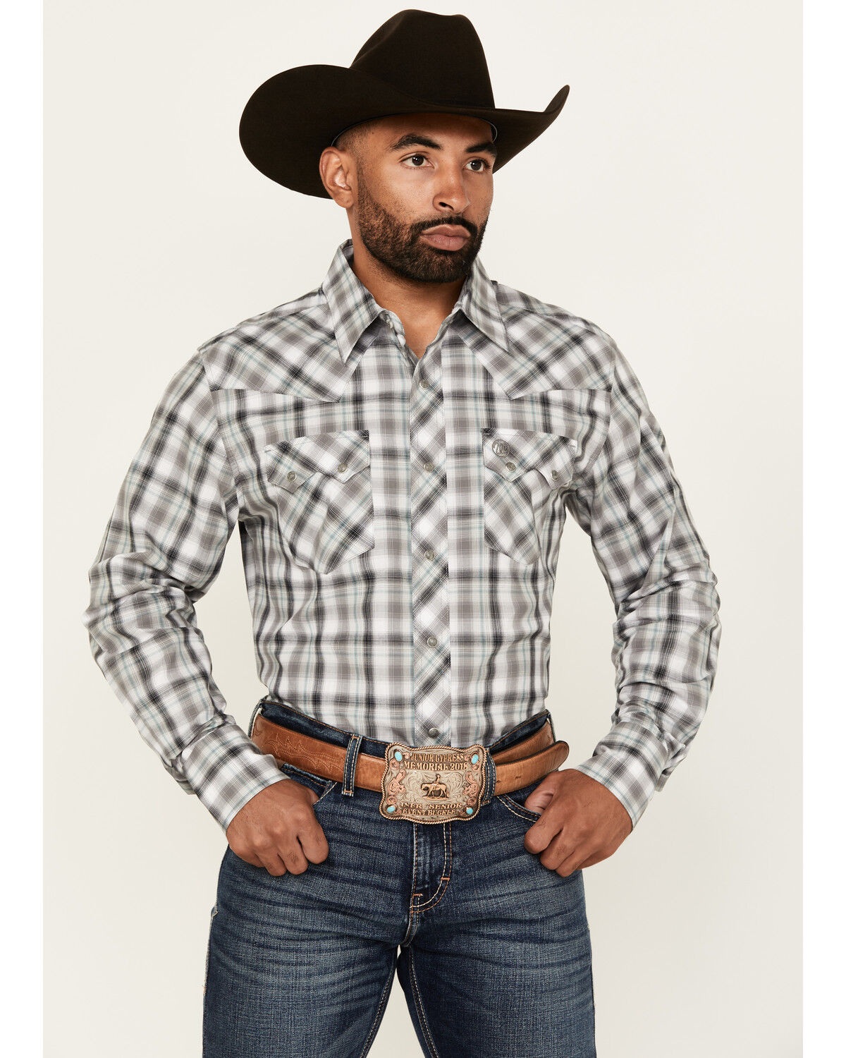 Image #1 - Wrangler Retro Men's Plaid Print Long Sleeve Snap Western Shirt - Tall, Grey, hi-res
