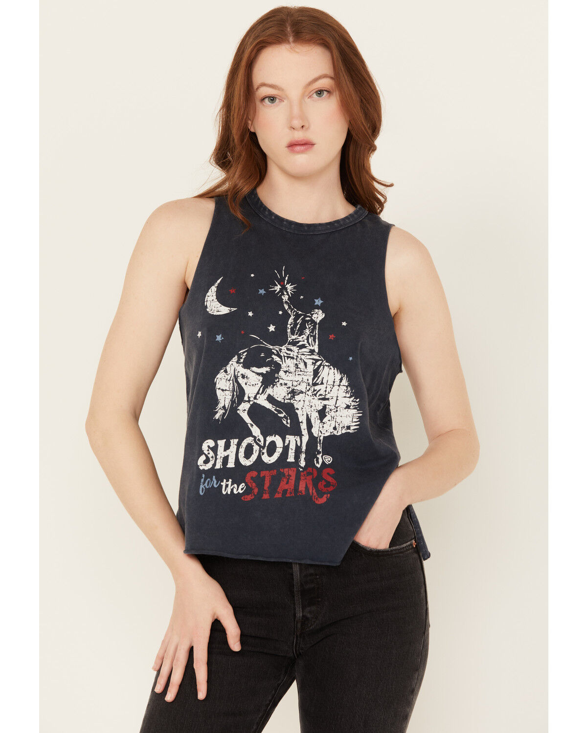 Image #1 - Rock & Roll Denim Women's Shoot for the Stars Sleeveless Tank, Navy, hi-res