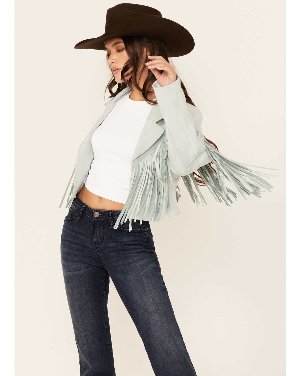 Image #1 - Saints & Hearts Women's Faux Suede Fringe Jacket, Blue, hi-res