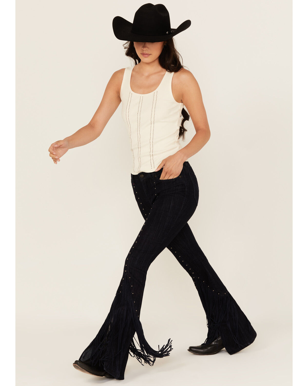 Image #1 - Idyllwind Women's Magnolia Dark Wash Outlaw High Rise Studded Fringe Super Stretch Flare Jeans, Dark Wash, hi-res