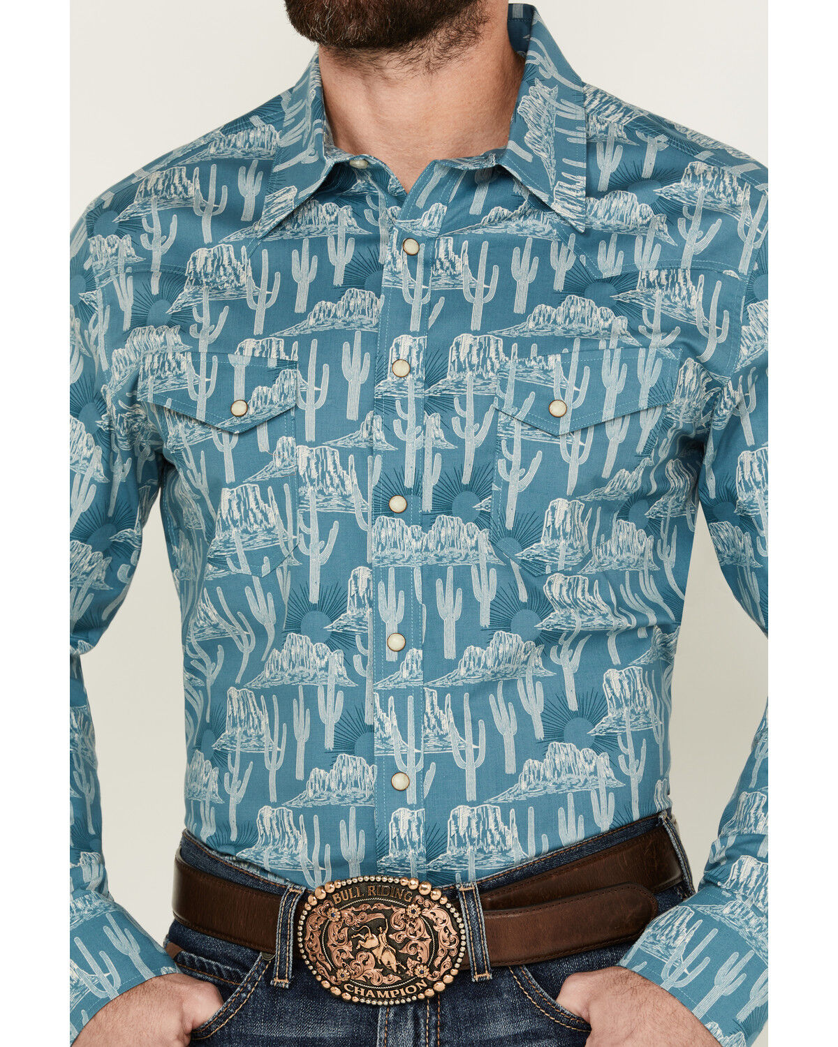 Image #3 - Rock & Roll Denim Men's Cactus Desert Print Long Sleeve Pearl Snap Stretch Western Shirt, Blue, hi-res