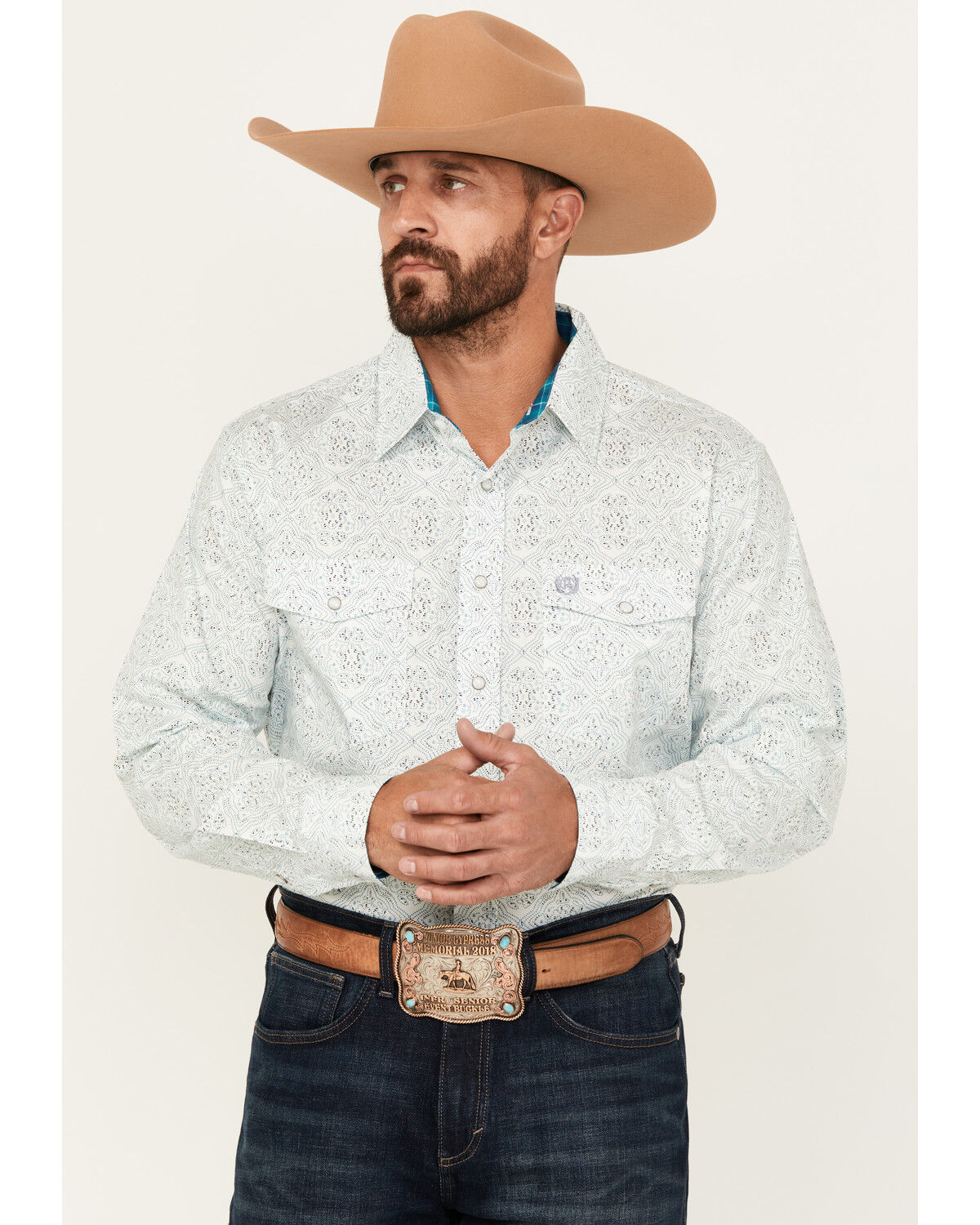 Image #1 - Panhandle Select Men's Medallion Print Long Sleeve Snap Stretch Western Shirt, White, hi-res