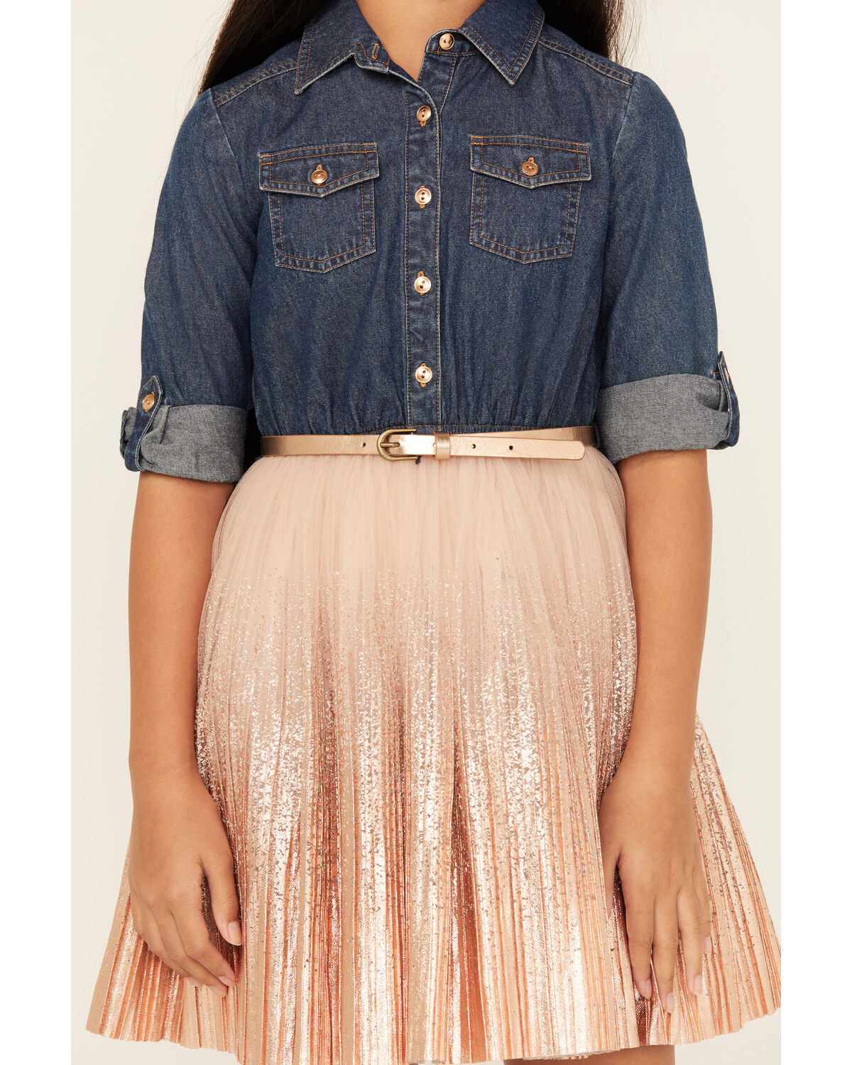 Image #3 - Sugar California Girls' Metallic Denim Quarter Sleeve Dress, Pink, hi-res