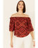 Shyanne Women's Chili Tile Print Tie Sleeve Off-Shoulder Top , Chilli, hi-res