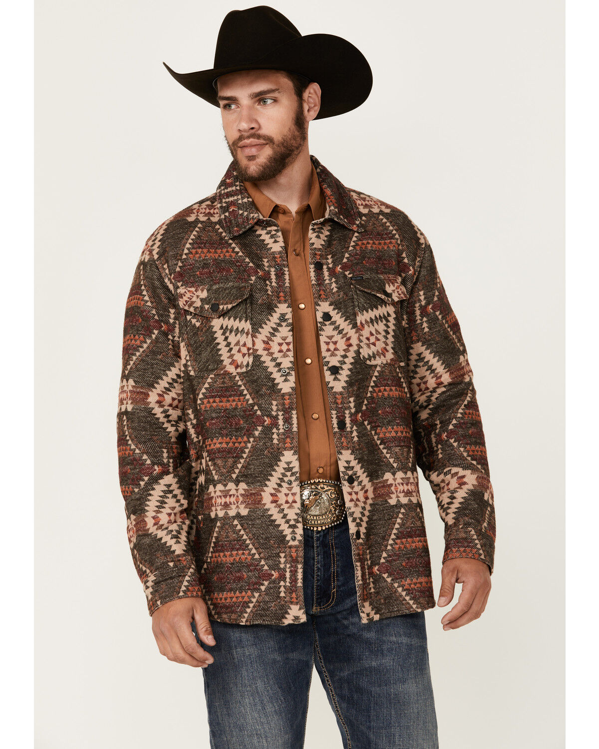 Image #1 - Rock & Roll Denim Men's Southwestern Print Snap Shacket, Dark Brown, hi-res