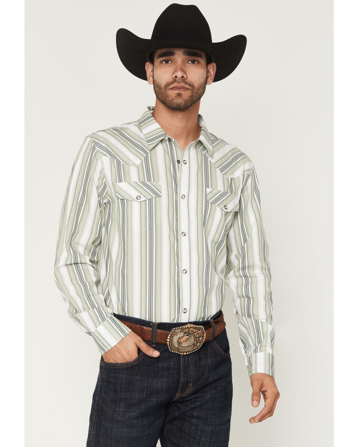 Image #1 - Gibson Trading Co Men's Dustline Striped Long Sleeve Snap Western Shirt, Sage, hi-res
