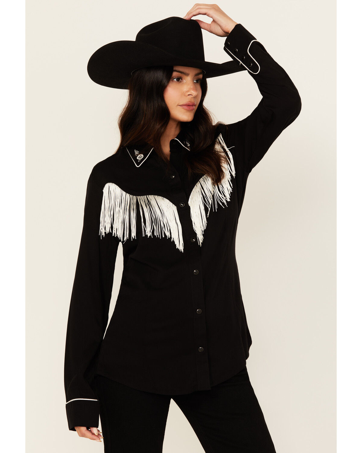 Image #2 - Wrangler Women's Fringe Long Sleeve Snap Western Shirt, Black, hi-res