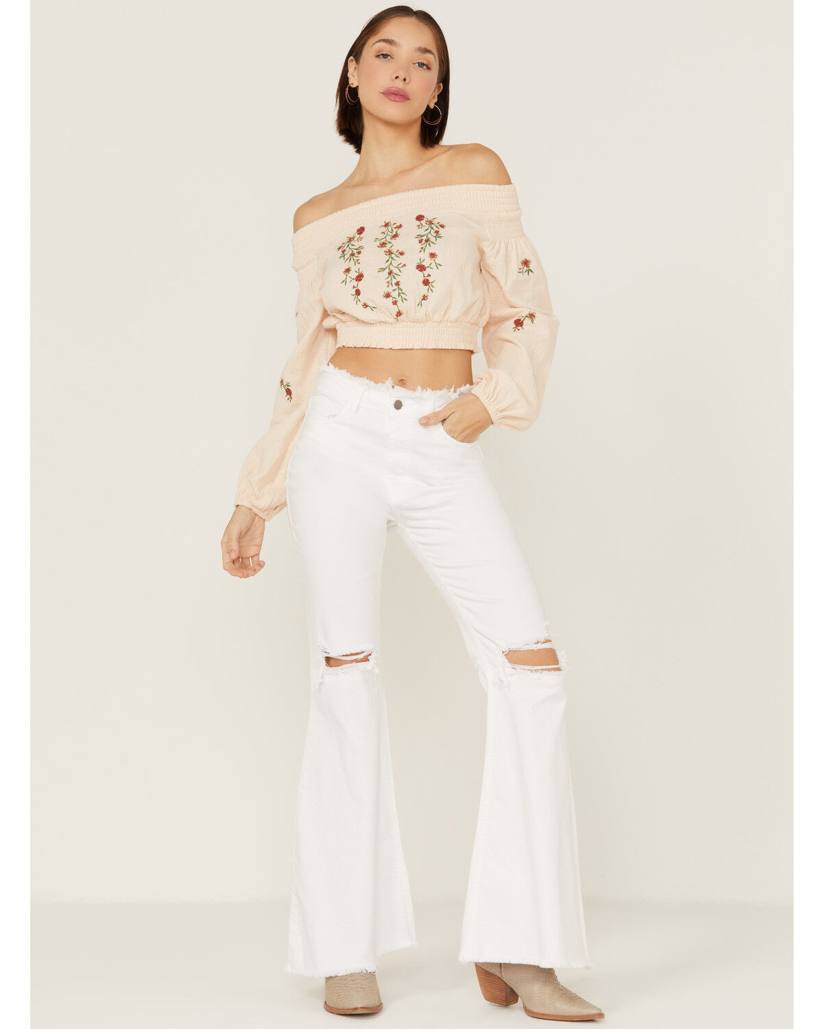 Image #3 - Shyanne Women's Floral Embroidered Off Shoulder Taupe Long Sleeve Crop Top, Taupe, hi-res