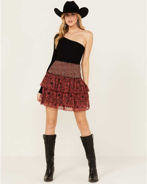 Ash & Violet Women's Smocked Tier Mini Skirt , Rust Copper, hi-res