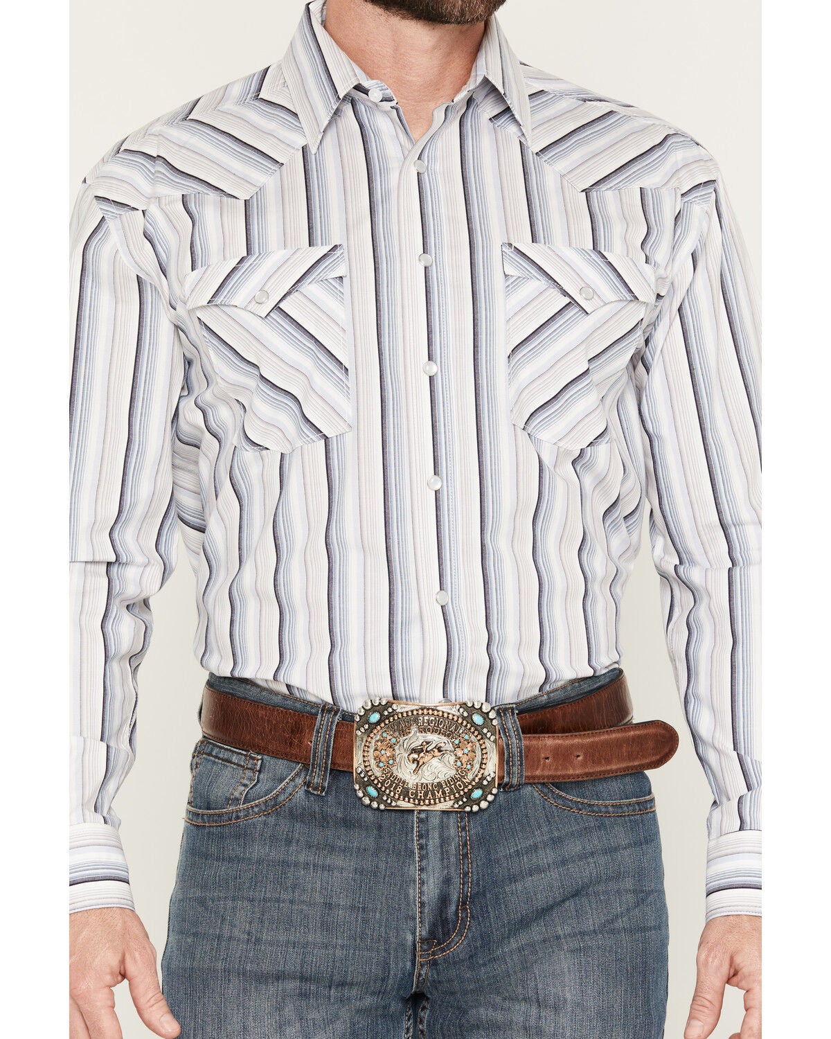 Image #3 - Panhandle Slim Men's Striped Long Sleeve Snap Stretch Western Shirt, Blue, hi-res