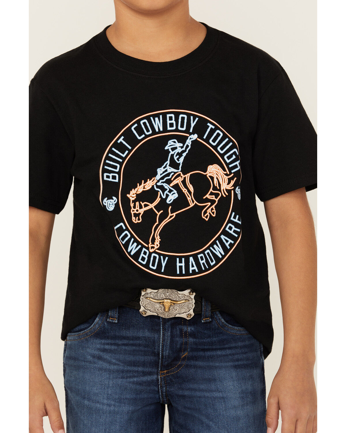 Image #3 - Cowboy Hardware Boys' Neon Built Cowboy Tough Short Sleeve Graphic T-Shirt, Black, hi-res