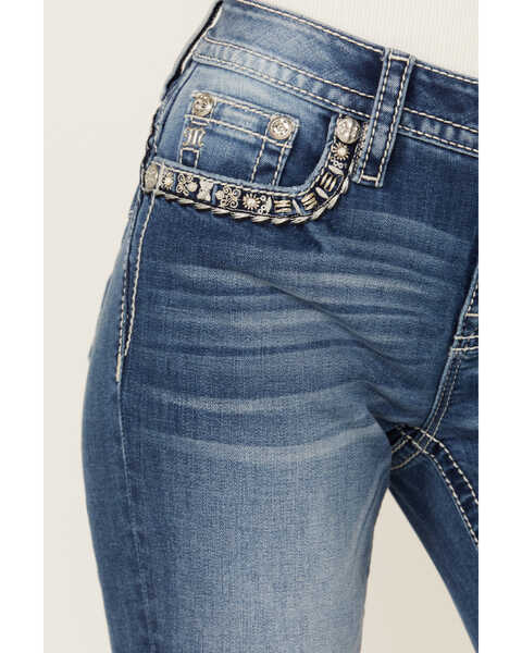 Image #4 - Miss Me Women's Medium Wash Mid Rise Border Flap Pocket Bootcut Stretch Denim Jeans , Medium Wash, hi-res