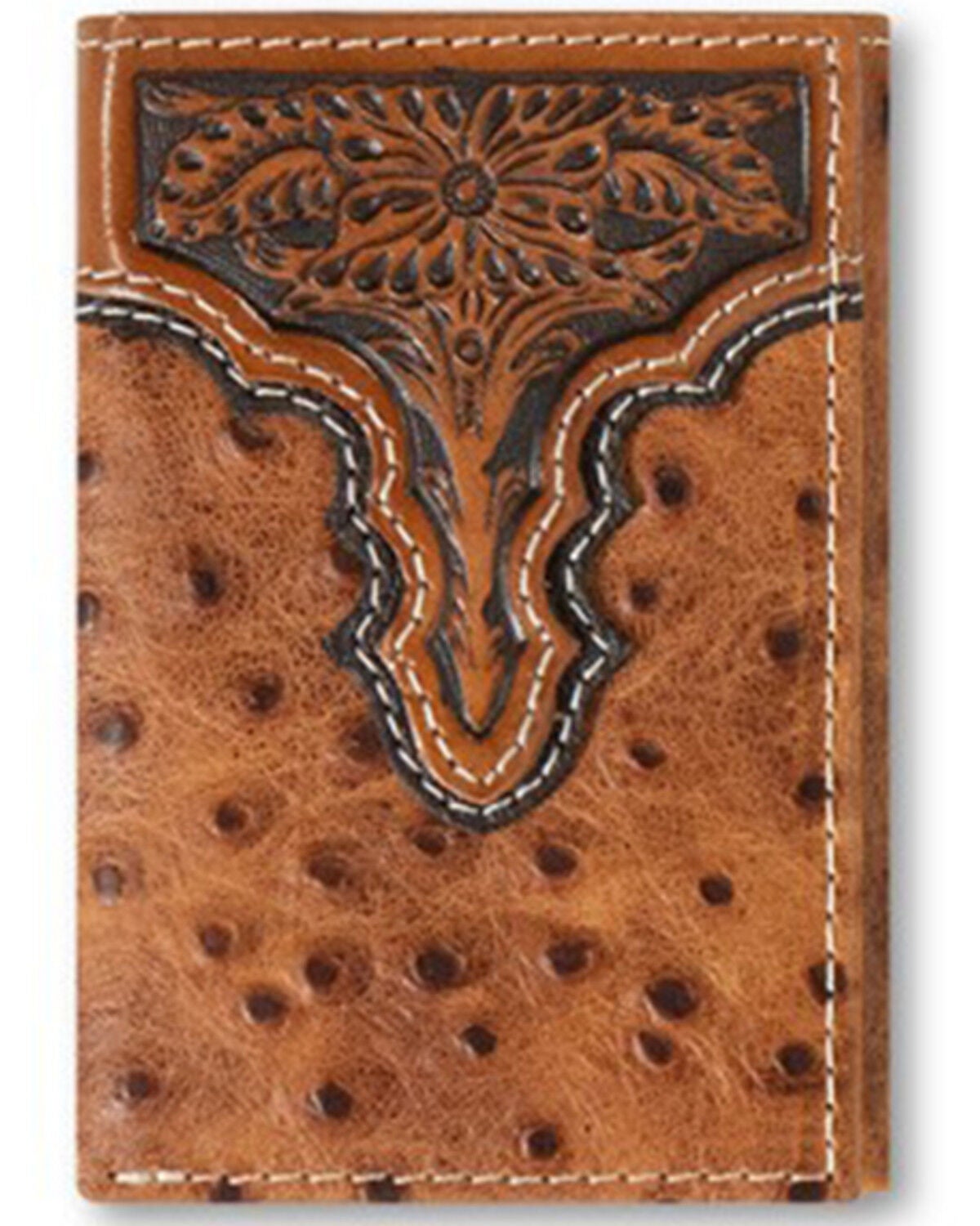 Ariat Men's Tri-Fold Ostrich Print Floral Embossed Wallet, Brown, hi-res