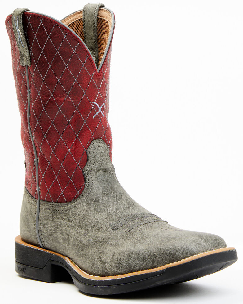 Twisted X Men's Tech X Grey & Red Performance Full-Grain Western Boot - Wide Square Toe , Red, hi-res