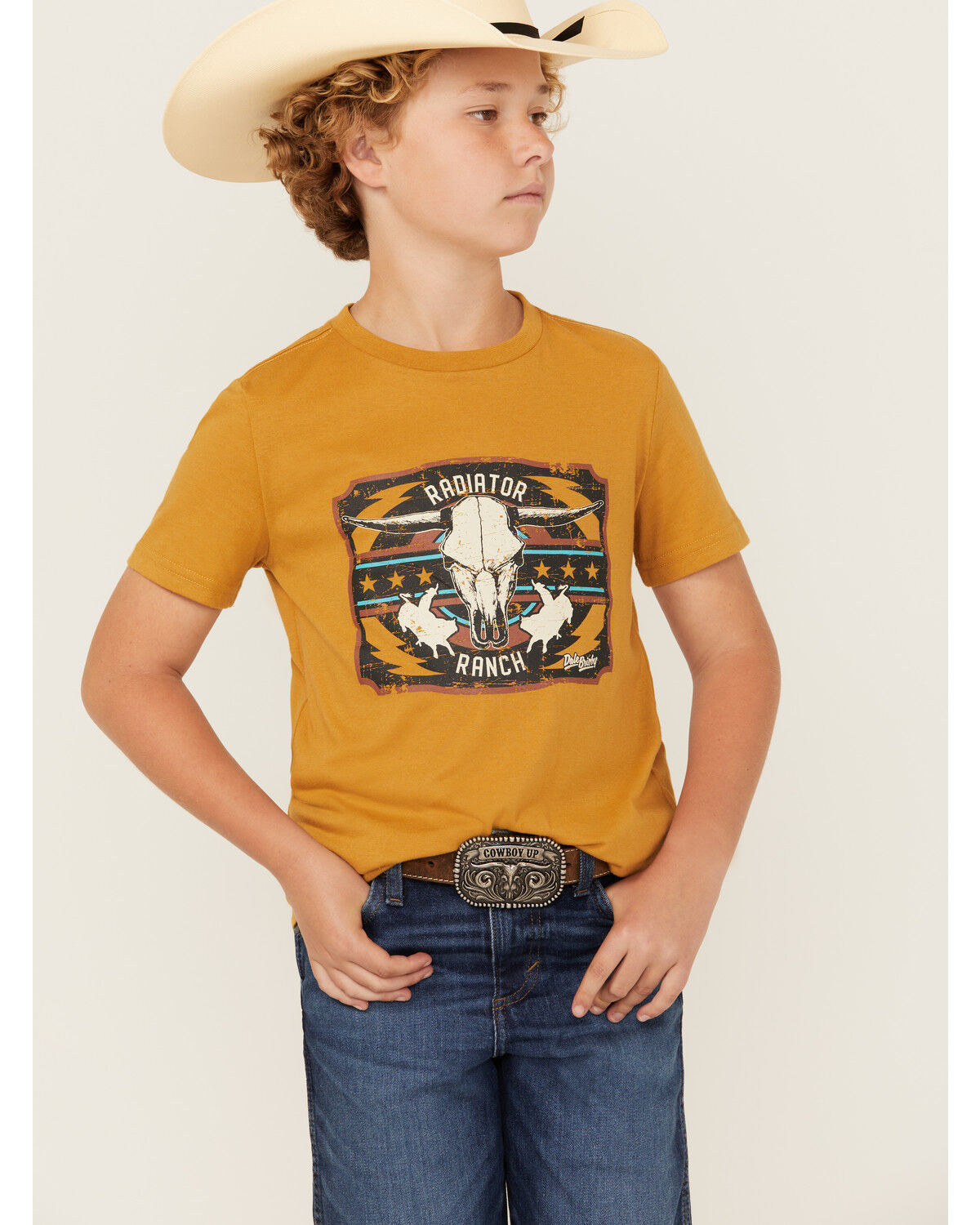 Image #1 - Rock & Roll Denim Boys' Dale Brisby Steer Head Short Sleeve Graphic T-Shirt, Mustard, hi-res