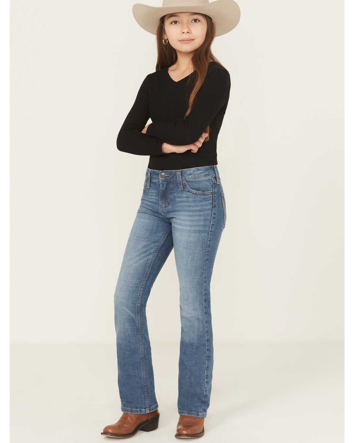 Image #1 - Wrangler Girls' Medium Wash Lia Bootcut Stretch Denim Jeans, Blue, hi-res