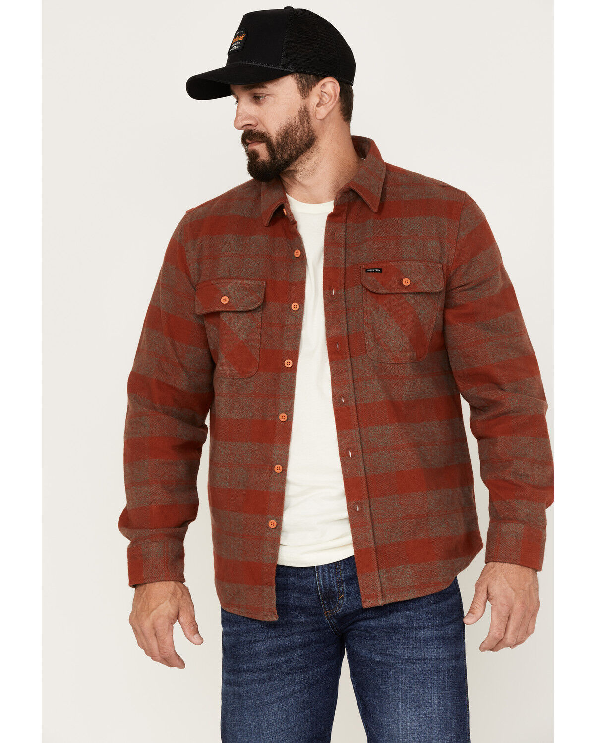 Image #1 - Brixton Men's Bowery Long Sleeve Button Down Flannel Shirt, Rust Copper, hi-res