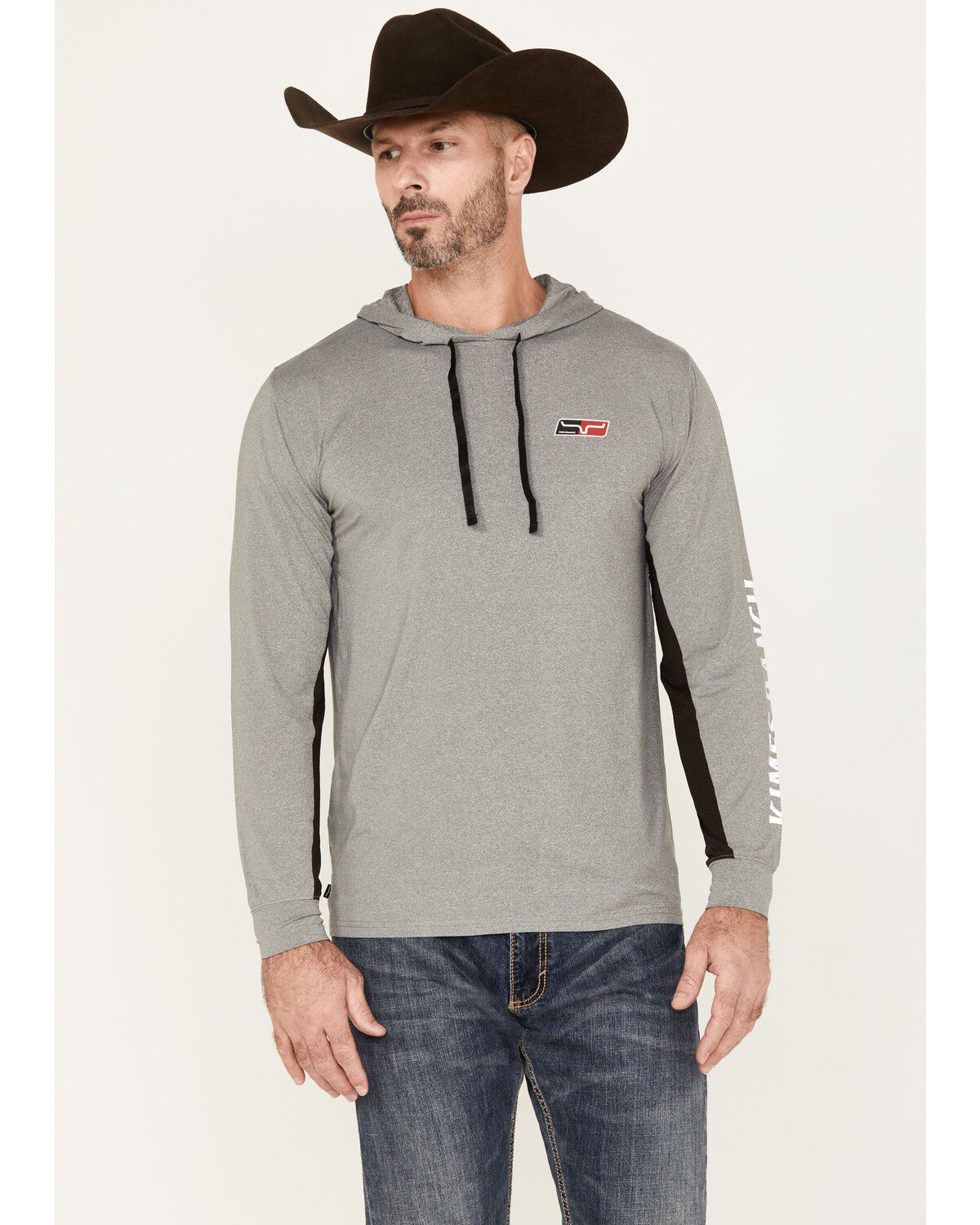 Image #1 - Kimes Ranch Men's Ninja Hood Tech Logo Long Sleeve T-Shirt, Heather Grey, hi-res
