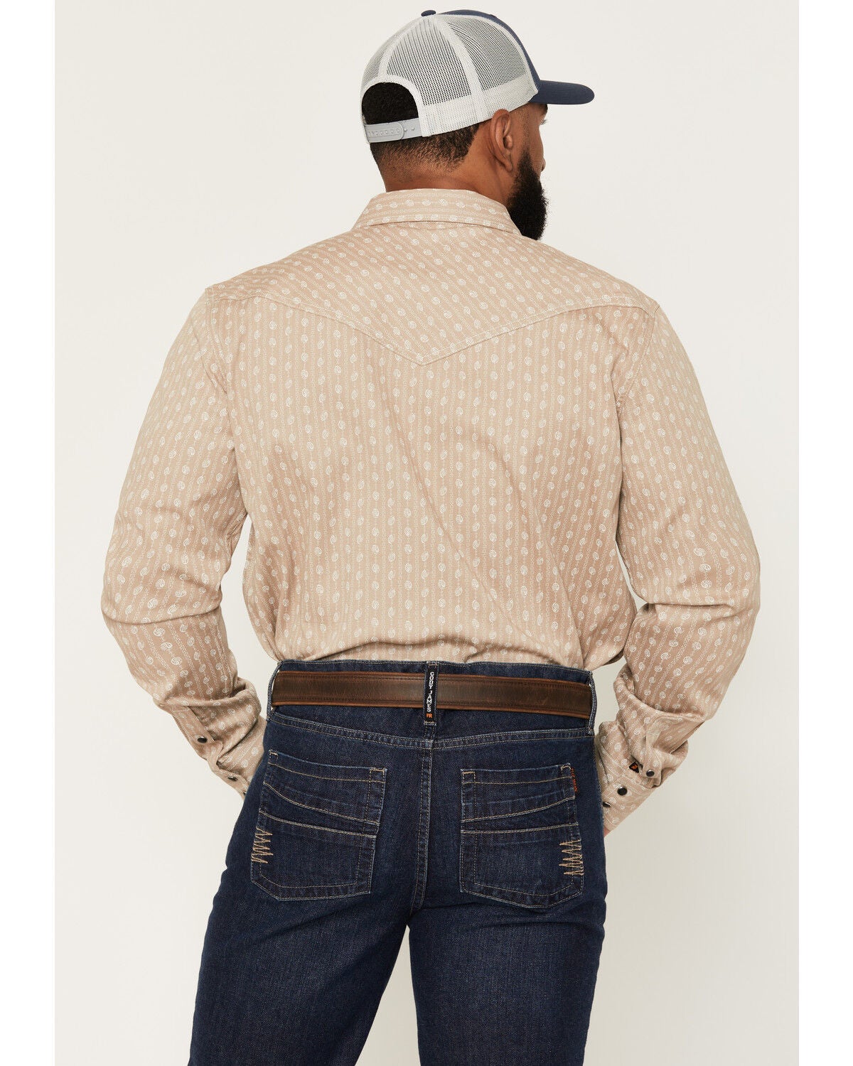 Image #4 - Cody James Men's FR Paisley Striped Print Long Sleeve Snap Stretch Work Shirt, Tan, hi-res