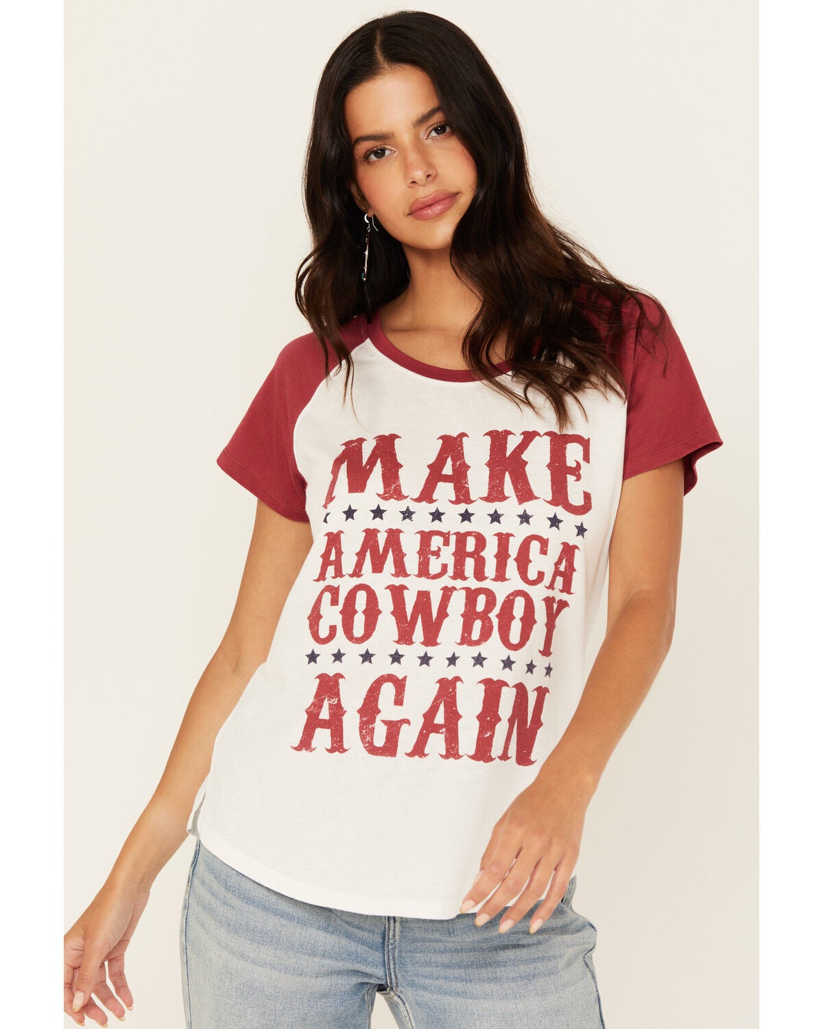 Blended Women's Make America Cowboy Again Short Sleeve Graphic Baseball Tee, White, hi-res