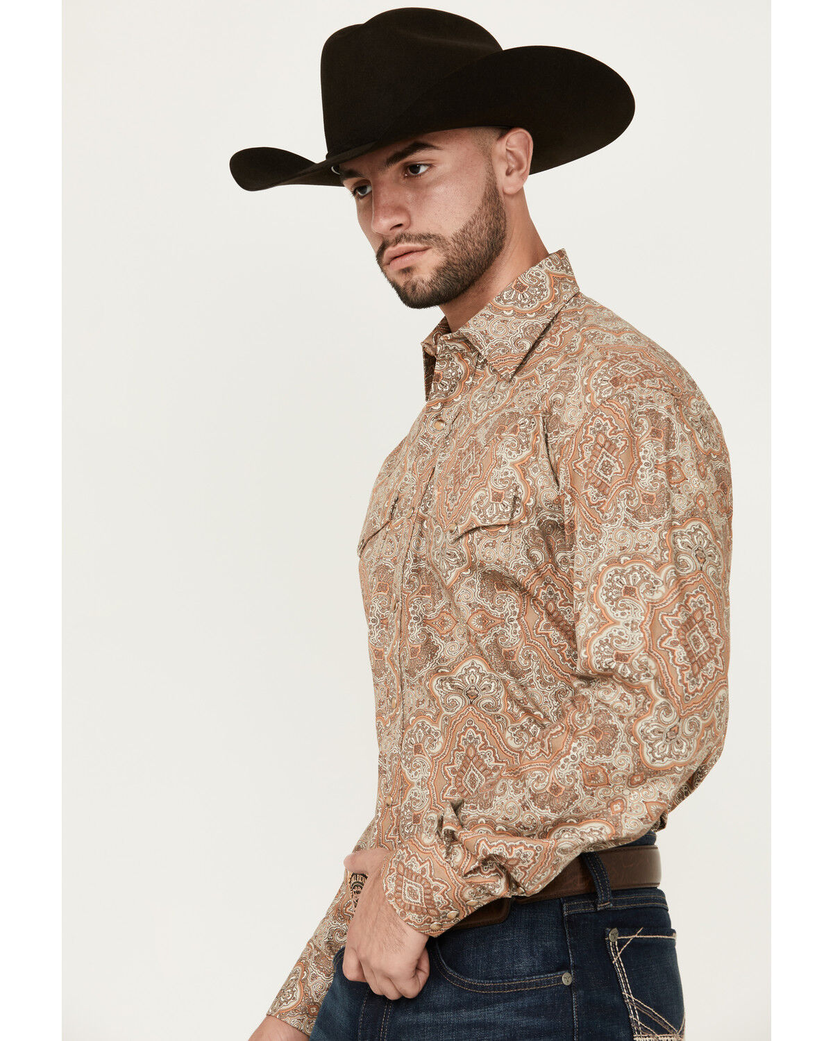 Image #2 - Stetson Men's Medallion Print Long Sleeve Pearl Snap Western Shirt, Brown, hi-res