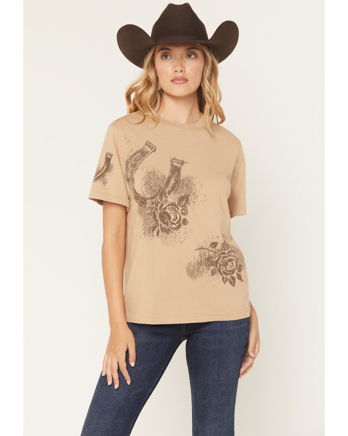 Shyanne Women's Icon Horseshoe Short Sleeve Boyfriend Graphic Tee, Khaki, hi-res