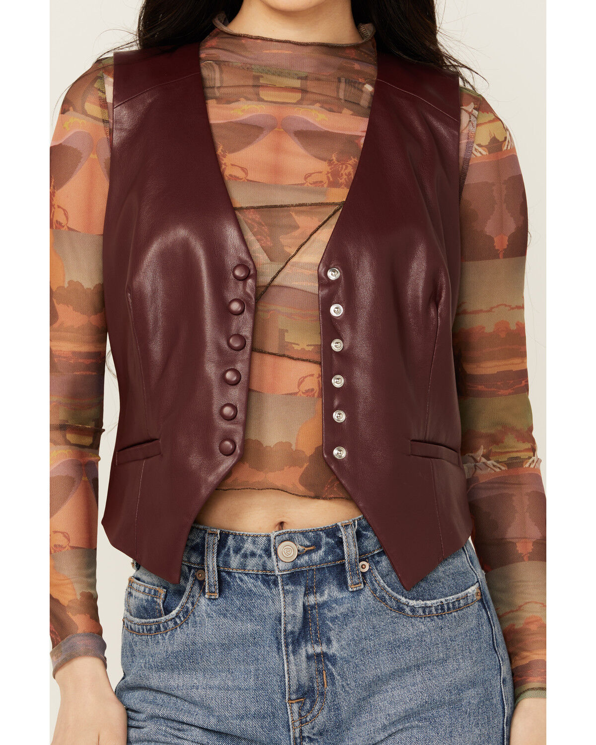 Image #3 - Revel Women's Solid Faux Leather Vest, Burgundy, hi-res