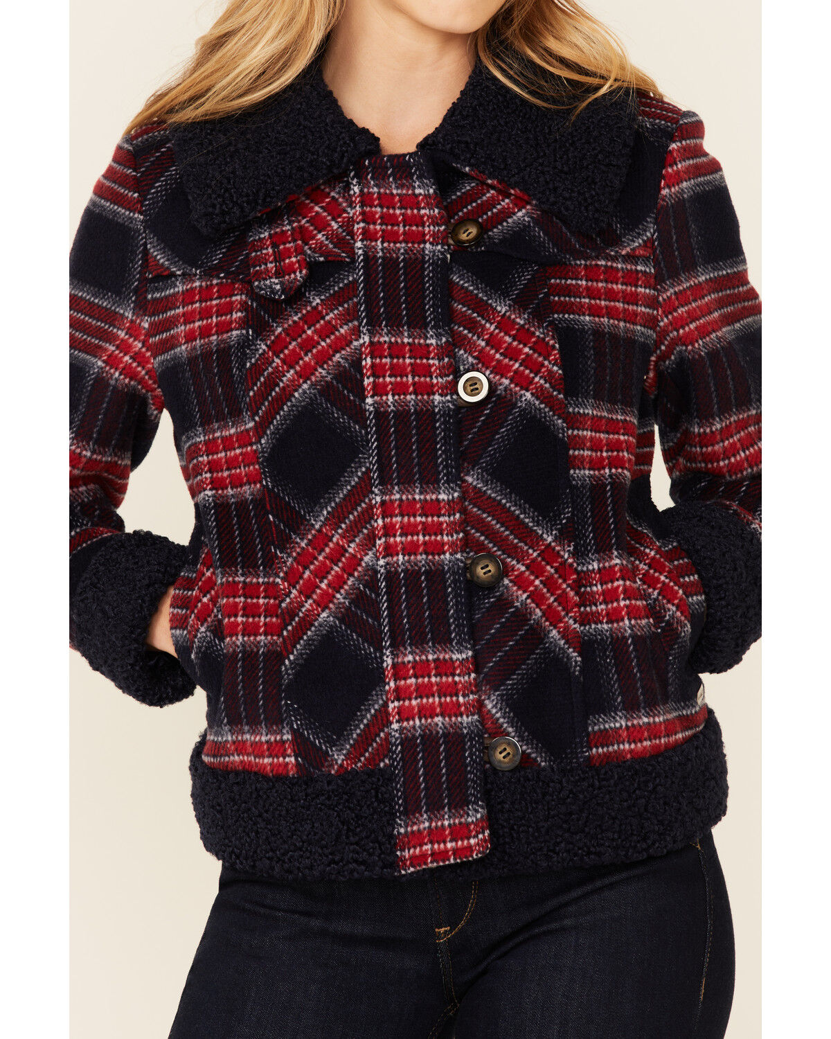 Image #3 - Powder River Outfitters Women's Red & Navy Plaid Button-Front Wool Sherpa Coat, Red, hi-res