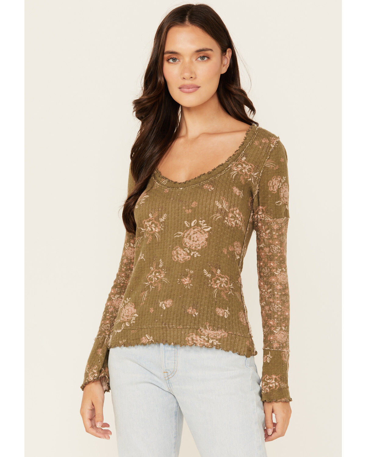 Image #1 - Free People Women's Clover Printed Thermal Long Sleeve Shirt, Green, hi-res