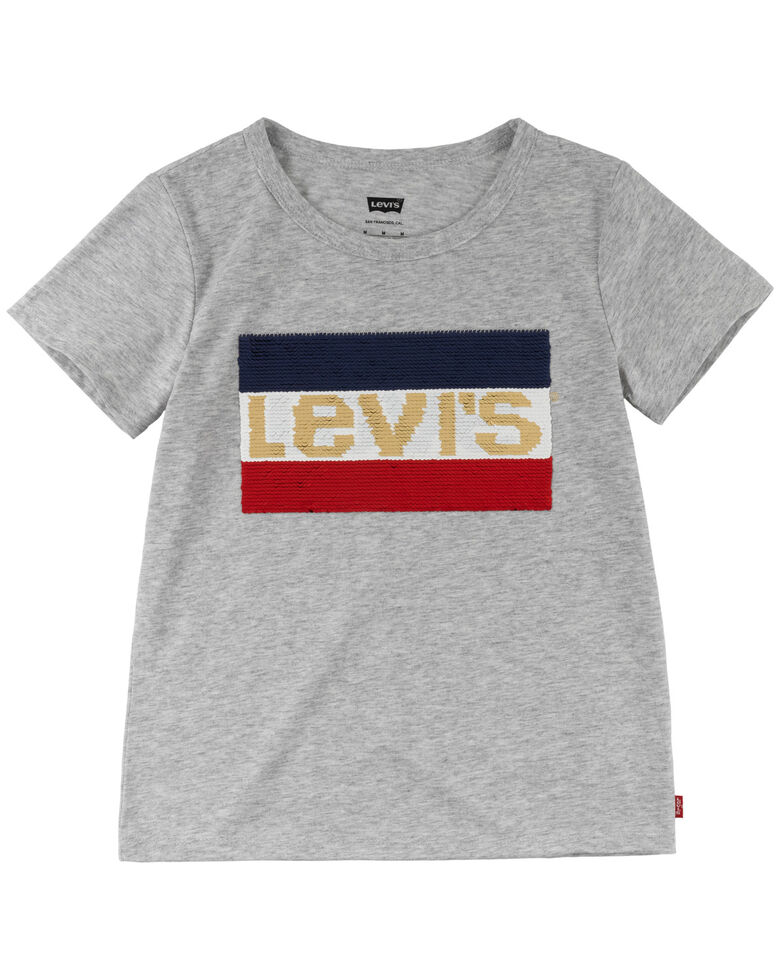 Levi's Girls' Heather Grey Sequin Logo Patch Short Sleeve Tee , Grey, hi-res