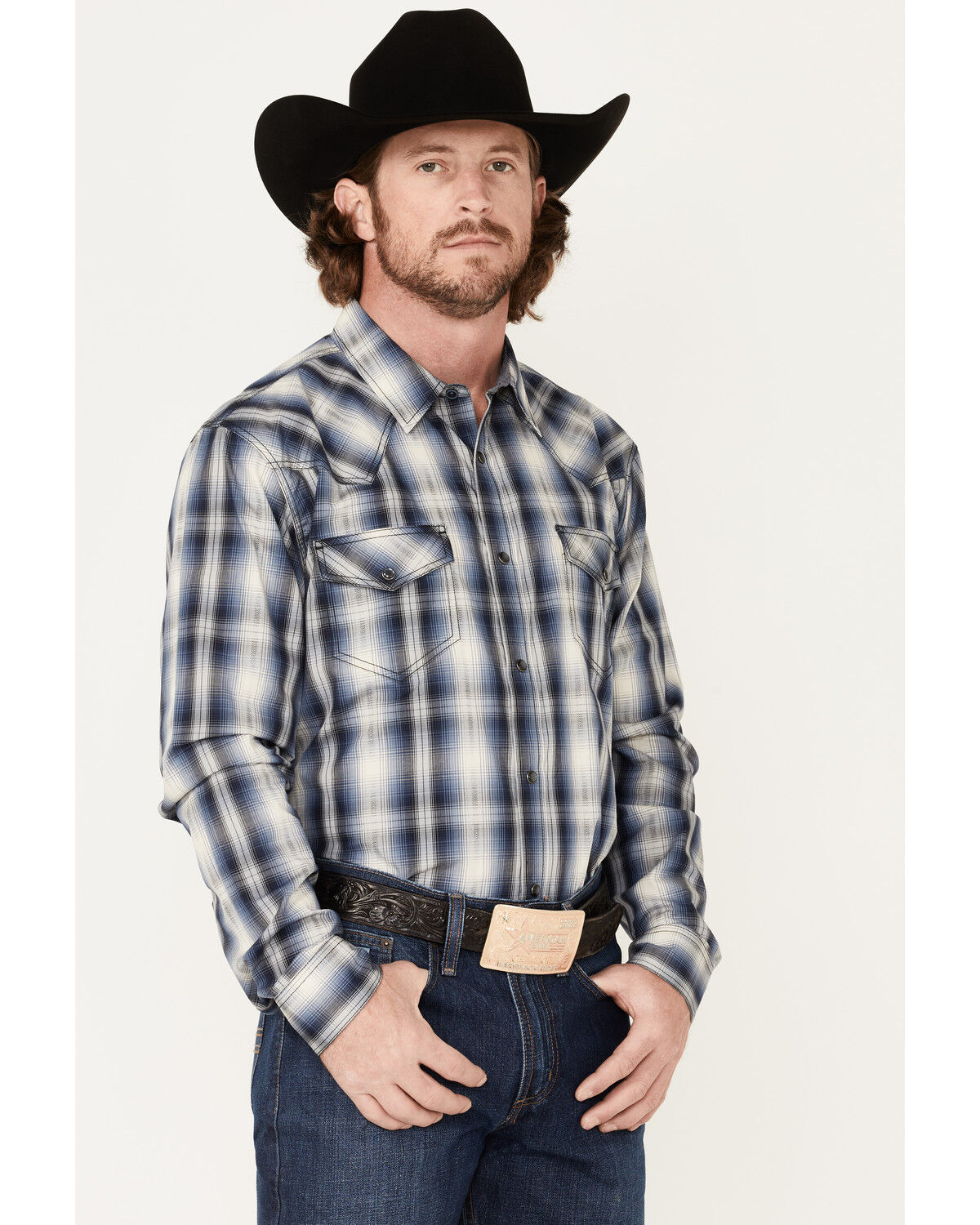 Image #2 - Cody James Men's Trailblazer Plaid Print Long Sleeve Pearl Snap Western Shirt, Blue, hi-res