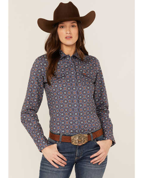 Cinch Women's Tile Print Long Sleeve Snap Western Core Shirt, Blue, hi-res