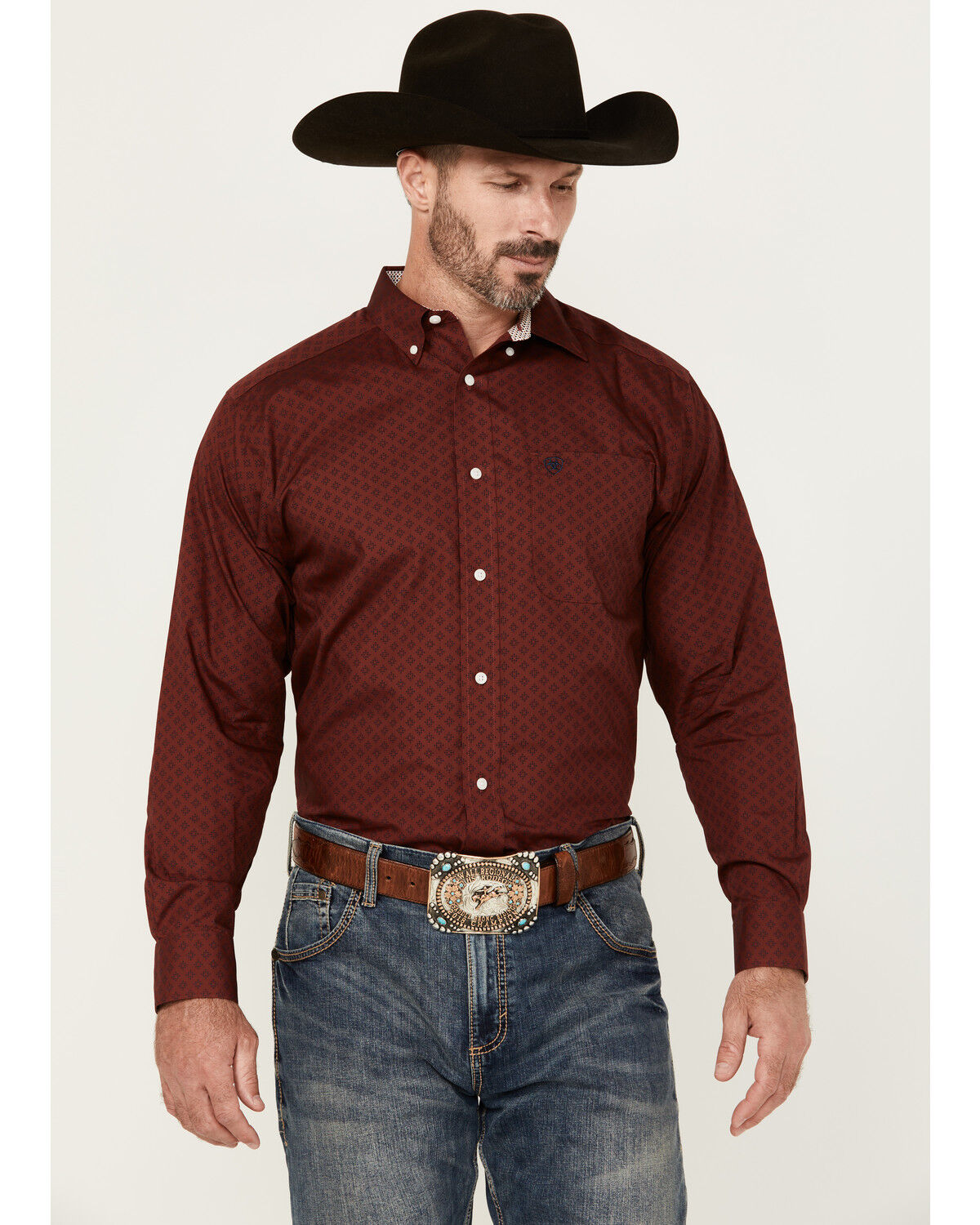 Image #1 - Ariat Men's Isaac Wrinkle Free Medallion Print Long Sleeve Button-Down Western Shirt, Burgundy, hi-res