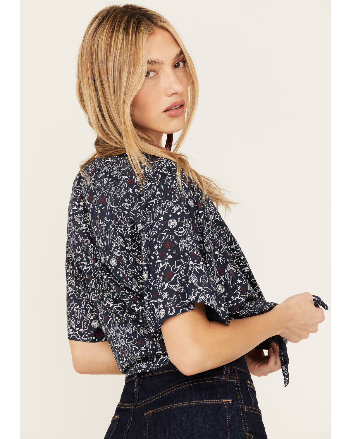Image #4 - Ariat Women's Howdy Print Short Sleeve Tie Front Wrap, Navy, hi-res